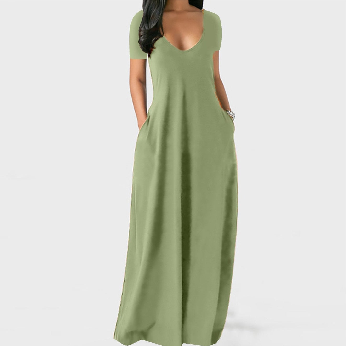 🌷Langes Freizeitkleid für Damen mit Rundhalsausschnitt, kurzen Ärmeln und weichem Stoff