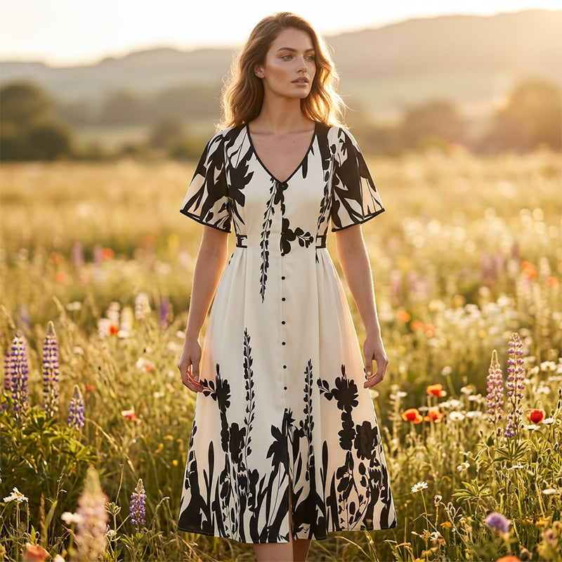 Gluschwein - 👗 50% RABATT! 🌿 Elegantes Botanisch Bedrucktes V-Ausschnitt-Midikleid – Leicht, Vielseitig & Perfekt Für Jeden Anlass 🌸