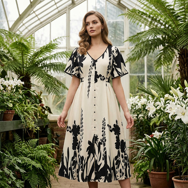 Gluschwein - 👗 50% RABATT! 🌿 Elegantes Botanisch Bedrucktes V-Ausschnitt-Midikleid – Leicht, Vielseitig & Perfekt Für Jeden Anlass 🌸