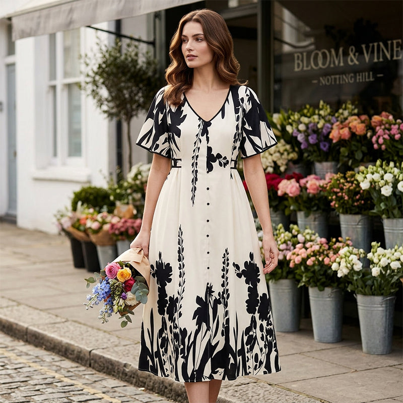 Gluschwein - 👗 50% RABATT! 🌿 Elegantes Botanisch Bedrucktes V-Ausschnitt-Midikleid – Leicht, Vielseitig & Perfekt Für Jeden Anlass 🌸