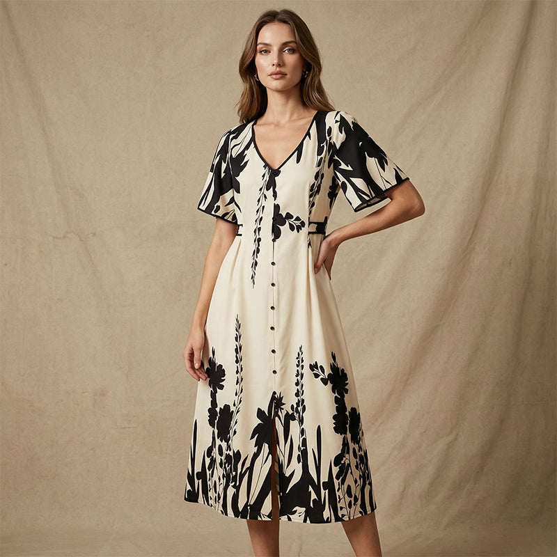 Gluschwein - 👗 50% RABATT! 🌿 Elegantes Botanisch Bedrucktes V-Ausschnitt-Midikleid – Leicht, Vielseitig & Perfekt Für Jeden Anlass 🌸