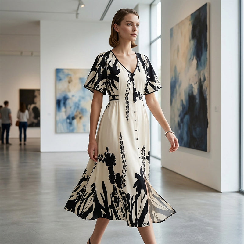 Gluschwein - 👗 50% RABATT! 🌿 Elegantes Botanisch Bedrucktes V-Ausschnitt-Midikleid – Leicht, Vielseitig & Perfekt Für Jeden Anlass 🌸