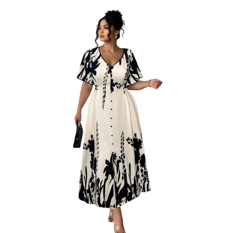Gluschwein - 👗 50% RABATT! 🌿 Elegantes Botanisch Bedrucktes V-Ausschnitt-Midikleid – Leicht, Vielseitig & Perfekt Für Jeden Anlass 🌸