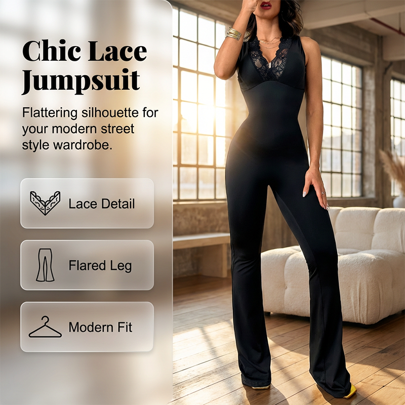 Gluschwein - ✨🔥Eleganter Jumpsuit mit V-Ausschnitt, Spitzenverzierung und ausgestelltem Bein🖤