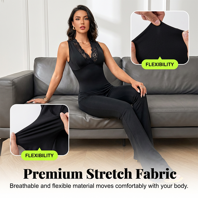 Gluschwein - ✨🔥Eleganter Jumpsuit mit V-Ausschnitt, Spitzenverzierung und ausgestelltem Bein🖤