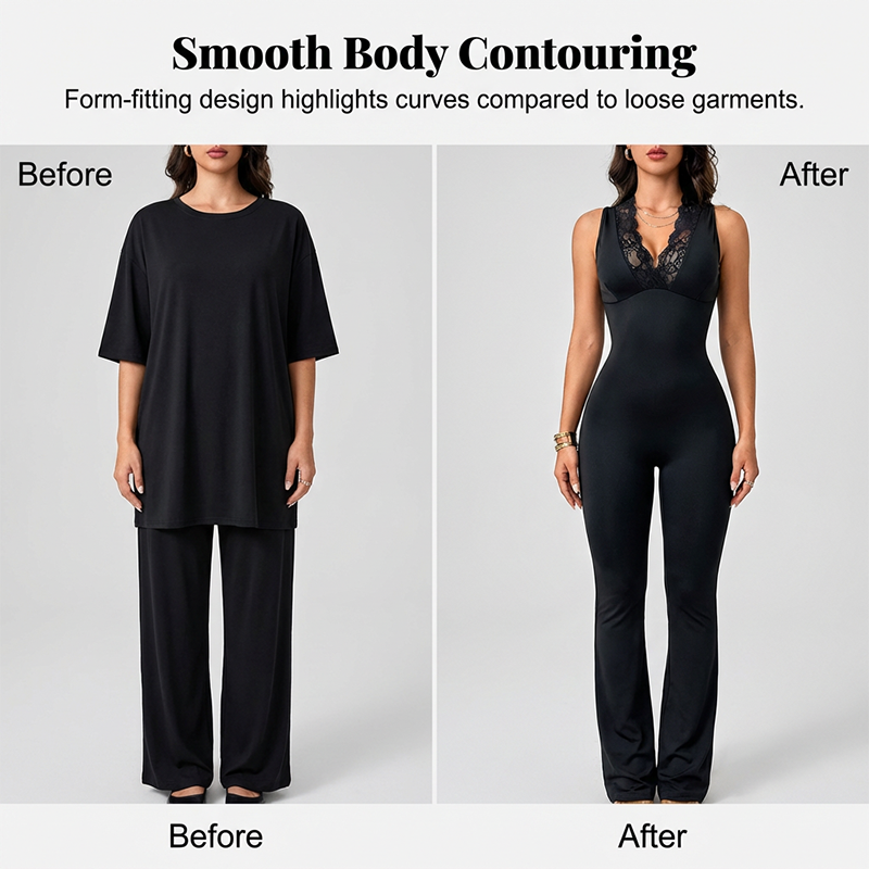 Gluschwein - ✨🔥Eleganter Jumpsuit mit V-Ausschnitt, Spitzenverzierung und ausgestelltem Bein🖤
