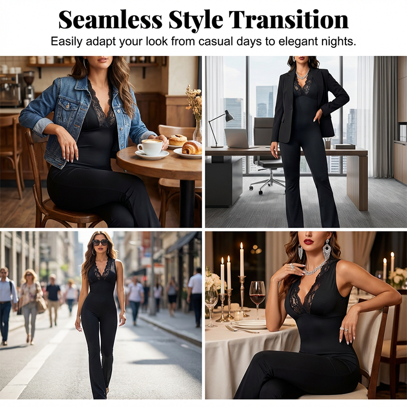 Gluschwein - ✨🔥Eleganter Jumpsuit mit V-Ausschnitt, Spitzenverzierung und ausgestelltem Bein🖤