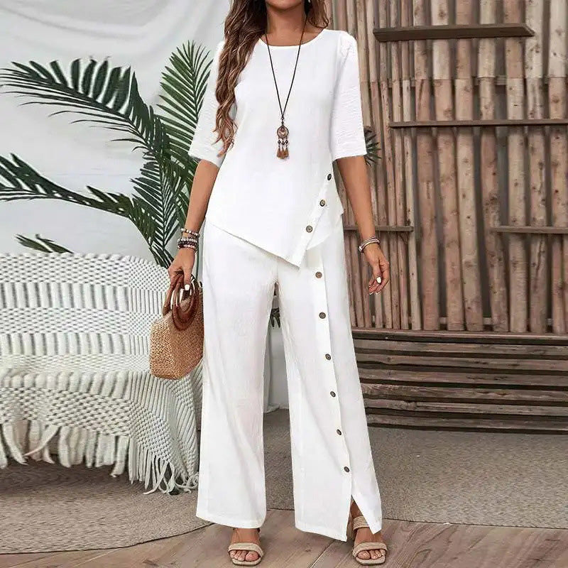 Gluschwein - 🌞Frühlingserwachen: 50% Rabatt!✨Boho Zweiteiler für Damen: Fließendes Hosen-Set mit asymmetrischem Saum & weitem Bein