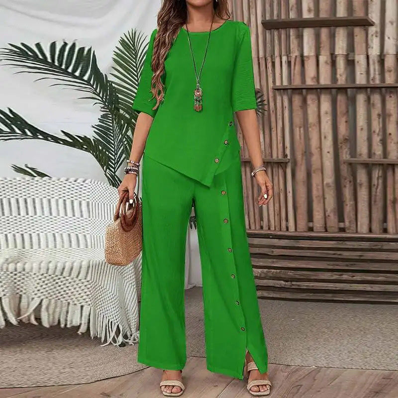 Gluschwein - 🌞Frühlingserwachen: 50% Rabatt!✨Boho Zweiteiler für Damen: Fließendes Hosen-Set mit asymmetrischem Saum & weitem Bein