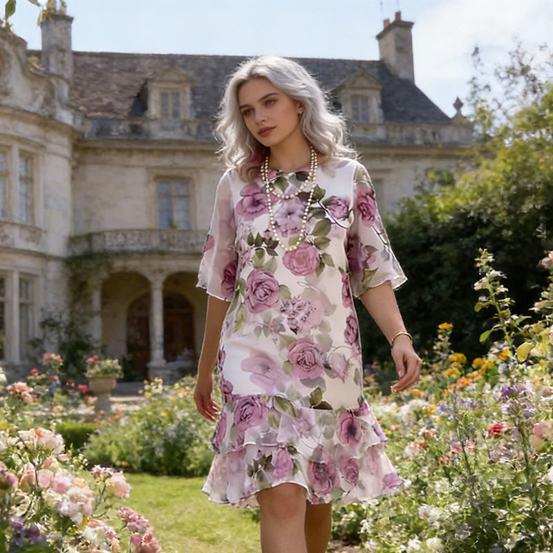Gluschwein - 🌸Damenkleid mit Blumenmuster, kurzen Ärmeln und gestuften Rüschen🔥