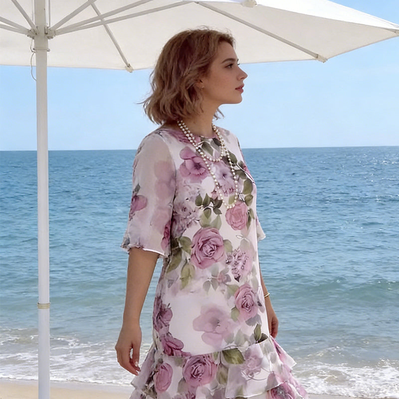 Gluschwein - 🌸Damenkleid mit Blumenmuster, kurzen Ärmeln und gestuften Rüschen🔥