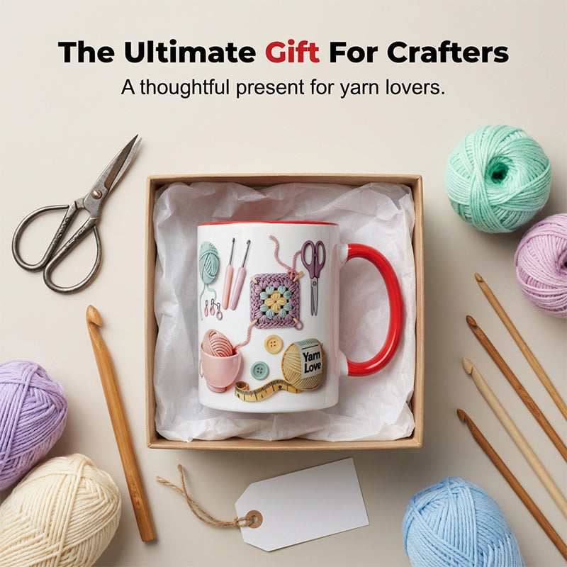 Gluschwein - Keramik-Kaffeetasse mit Häkel- und Strickmotiv💥„Yarn Love“-Tasse, das perfekte Geschenk für Handarbeitsbegeisterte und kreative Köpf