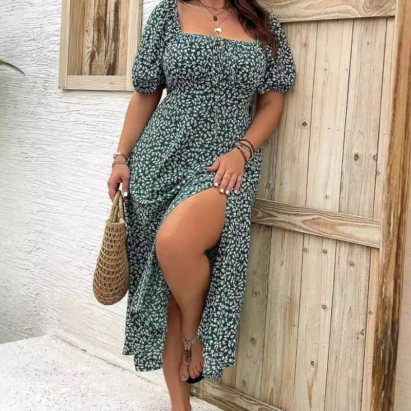 🌼👗 Sommerliches Kurzärmliges Kleid mit Blumenmuster & Schlitz