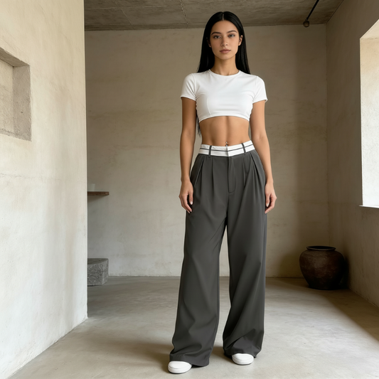 Gluschwein - 🔥Designer-Modell! Damen weite Anzughose – mit farbigem Kontrastgürtel | Leichter, fließender Stoff | Tragbar das ganze Jahr über ✨