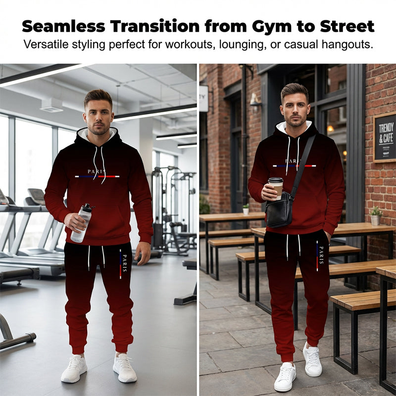 Gluschwein - Sportswear-Set mit Schwarz-Rot-Farbverlauf 🔥 Komplett mit Hoodie & Hose — Mit Kängurutasche und Kordelzug am Bund. Perfekt für das Gym und die Straße! 💪