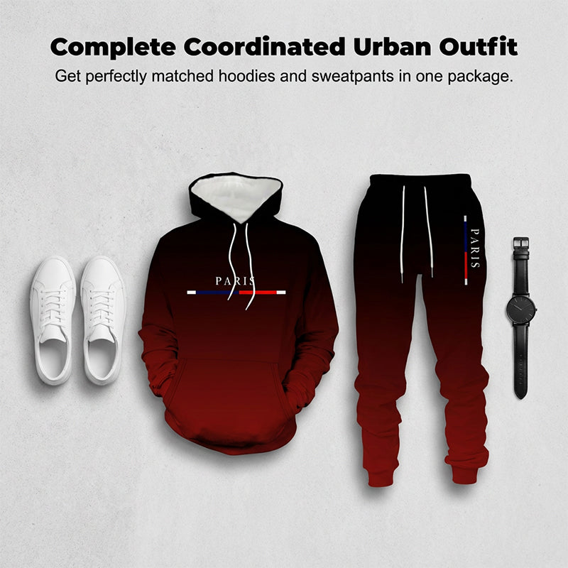 Gluschwein - Sportswear-Set mit Schwarz-Rot-Farbverlauf 🔥 Komplett mit Hoodie & Hose — Mit Kängurutasche und Kordelzug am Bund. Perfekt für das Gym und die Straße! 💪