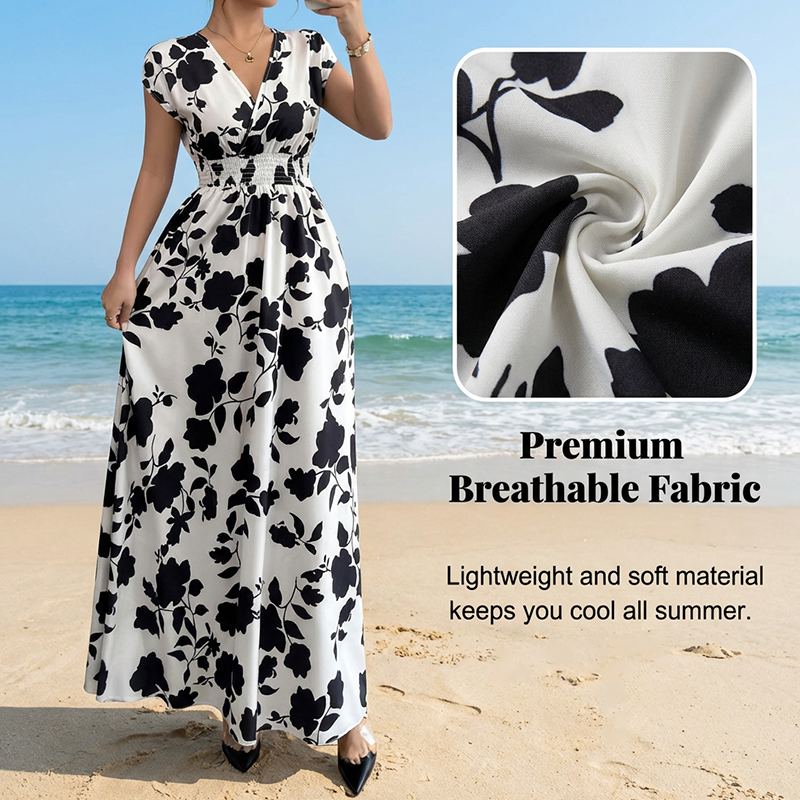 Gluschwein - Floral V-Neck Smocked Waist Maxi Dress