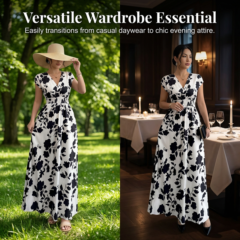Gluschwein - Floral V-Neck Smocked Waist Maxi Dress