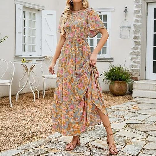 Gluschwein - 🌷Frühsommer-Sale: 70% Rabatt🌸 Lässiges, geblümtes Maxikleid für den Sommer 2026 mit kurzen, flatternden Ärmeln, Rundhalsausschnitt, geraffter Taille und fließendem Schnitt