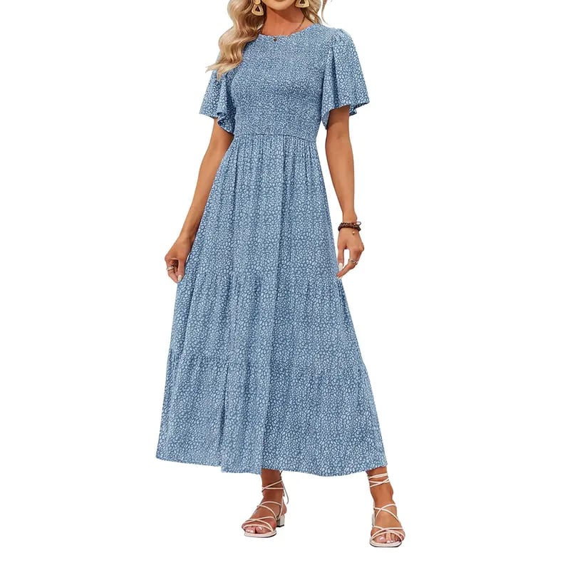 Gluschwein - 🌷Frühsommer-Sale: 70% Rabatt🌸 Lässiges, geblümtes Maxikleid für den Sommer 2026 mit kurzen, flatternden Ärmeln, Rundhalsausschnitt, geraffter Taille und fließendem Schnitt