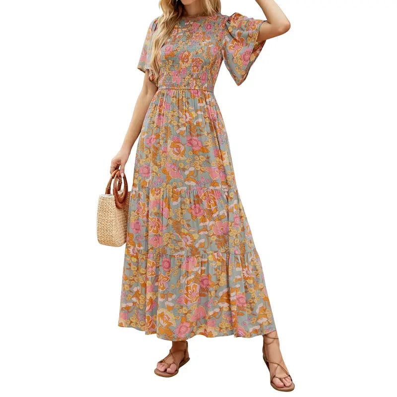 Gluschwein - 🌷Frühsommer-Sale: 70% Rabatt🌸 Lässiges, geblümtes Maxikleid für den Sommer 2026 mit kurzen, flatternden Ärmeln, Rundhalsausschnitt, geraffter Taille und fließendem Schnitt