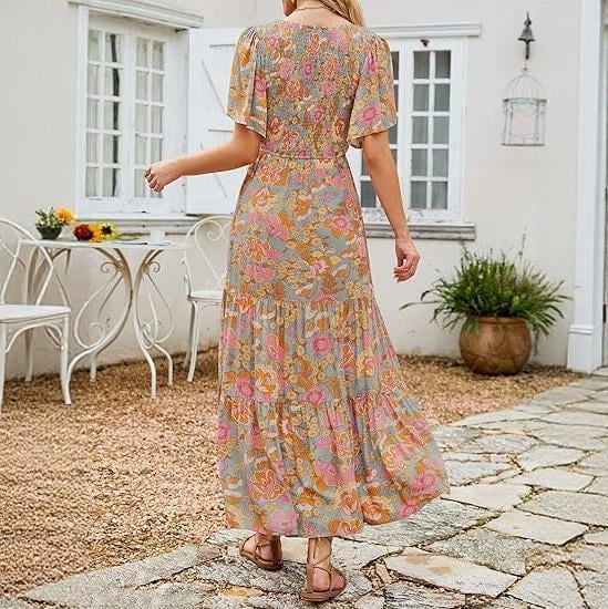 Gluschwein - 🌷Frühsommer-Sale: 70% Rabatt🌸 Lässiges, geblümtes Maxikleid für den Sommer 2026 mit kurzen, flatternden Ärmeln, Rundhalsausschnitt, geraffter Taille und fließendem Schnitt