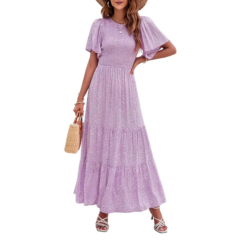 Gluschwein - 🌷Frühsommer-Sale: 70% Rabatt🌸 Lässiges, geblümtes Maxikleid für den Sommer 2026 mit kurzen, flatternden Ärmeln, Rundhalsausschnitt, geraffter Taille und fließendem Schnitt