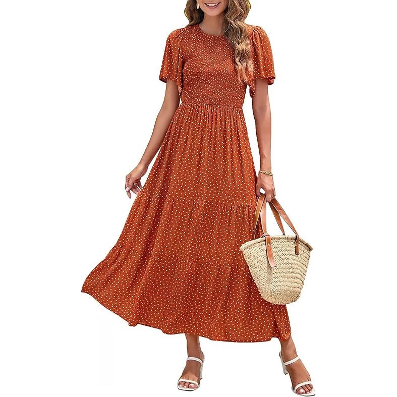 Gluschwein - 🌷Frühsommer-Sale: 70% Rabatt🌸 Lässiges, geblümtes Maxikleid für den Sommer 2026 mit kurzen, flatternden Ärmeln, Rundhalsausschnitt, geraffter Taille und fließendem Schnitt