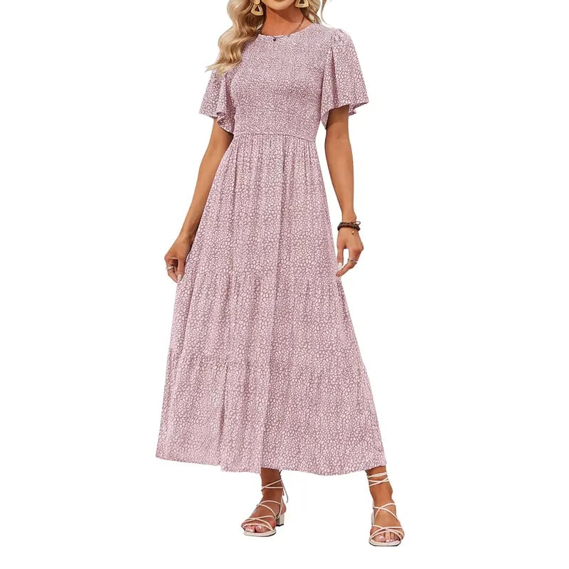 Gluschwein - 🌷Frühsommer-Sale: 70% Rabatt🌸 Lässiges, geblümtes Maxikleid für den Sommer 2026 mit kurzen, flatternden Ärmeln, Rundhalsausschnitt, geraffter Taille und fließendem Schnitt