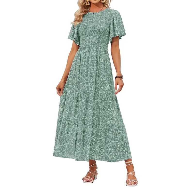 Gluschwein - 🌷Frühsommer-Sale: 70% Rabatt🌸 Lässiges, geblümtes Maxikleid für den Sommer 2026 mit kurzen, flatternden Ärmeln, Rundhalsausschnitt, geraffter Taille und fließendem Schnitt