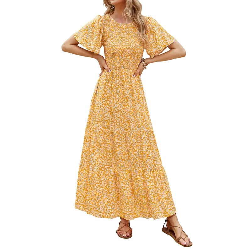 Gluschwein - 🌷Frühsommer-Sale: 70% Rabatt🌸 Lässiges, geblümtes Maxikleid für den Sommer 2026 mit kurzen, flatternden Ärmeln, Rundhalsausschnitt, geraffter Taille und fließendem Schnitt