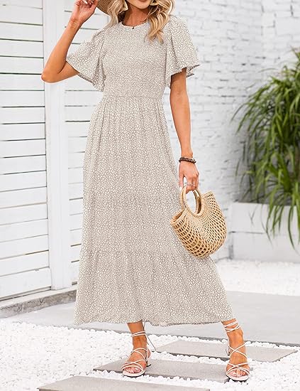 Gluschwein - 🌷Frühsommer-Sale: 70% Rabatt🌸 Lässiges, geblümtes Maxikleid für den Sommer 2026 mit kurzen, flatternden Ärmeln, Rundhalsausschnitt, geraffter Taille und fließendem Schnitt