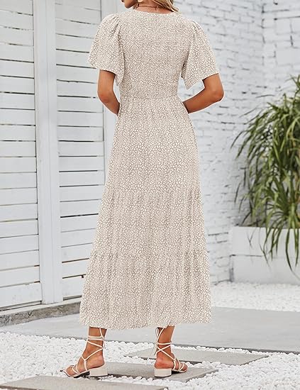 Gluschwein - 🌷Frühsommer-Sale: 70% Rabatt🌸 Lässiges, geblümtes Maxikleid für den Sommer 2026 mit kurzen, flatternden Ärmeln, Rundhalsausschnitt, geraffter Taille und fließendem Schnitt