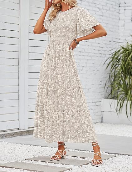 Gluschwein - 🌷Frühsommer-Sale: 70% Rabatt🌸 Lässiges, geblümtes Maxikleid für den Sommer 2026 mit kurzen, flatternden Ärmeln, Rundhalsausschnitt, geraffter Taille und fließendem Schnitt