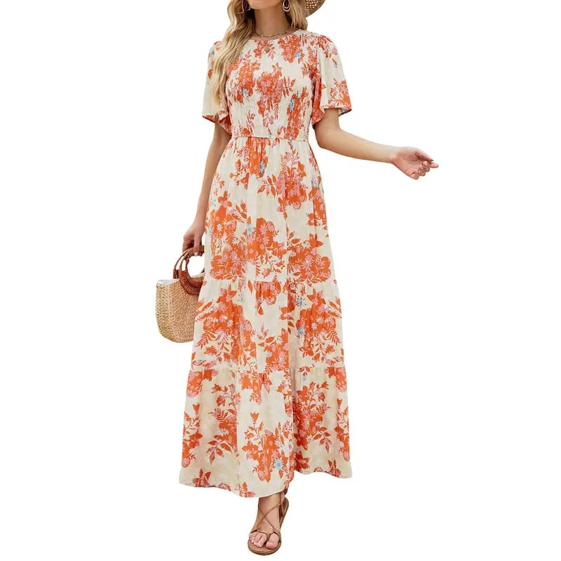 Gluschwein - 🌷Frühsommer-Sale: 70% Rabatt🌸 Lässiges, geblümtes Maxikleid für den Sommer 2026 mit kurzen, flatternden Ärmeln, Rundhalsausschnitt, geraffter Taille und fließendem Schnitt