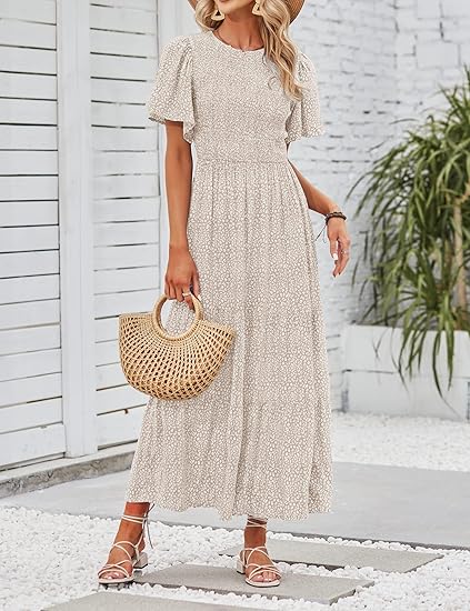 Gluschwein - 🌷Frühsommer-Sale: 70% Rabatt🌸 Lässiges, geblümtes Maxikleid für den Sommer 2026 mit kurzen, flatternden Ärmeln, Rundhalsausschnitt, geraffter Taille und fließendem Schnitt