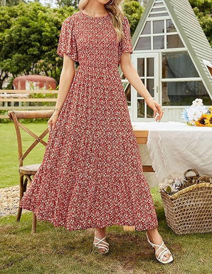 Gluschwein - 🌷Frühsommer-Sale: 70% Rabatt🌸 Lässiges, geblümtes Maxikleid für den Sommer 2026 mit kurzen, flatternden Ärmeln, Rundhalsausschnitt, geraffter Taille und fließendem Schnitt