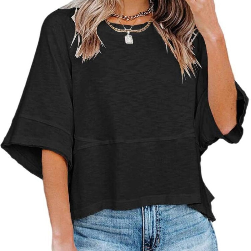 🌺 LIMITIERT: 49% RABATT! 🔥 Einfarbiges Patchwork-T-Shirt mit lockeren Fünf-Punkt-Trompetenärmeln