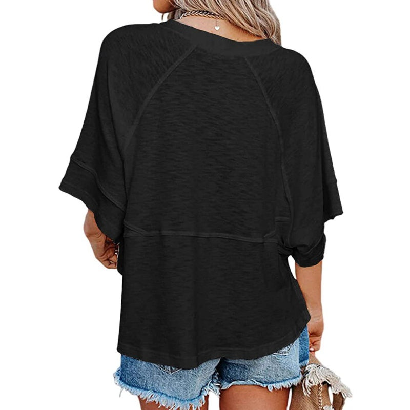🌺 LIMITIERT: 49% RABATT! 🔥 Einfarbiges Patchwork-T-Shirt mit lockeren Fünf-Punkt-Trompetenärmeln