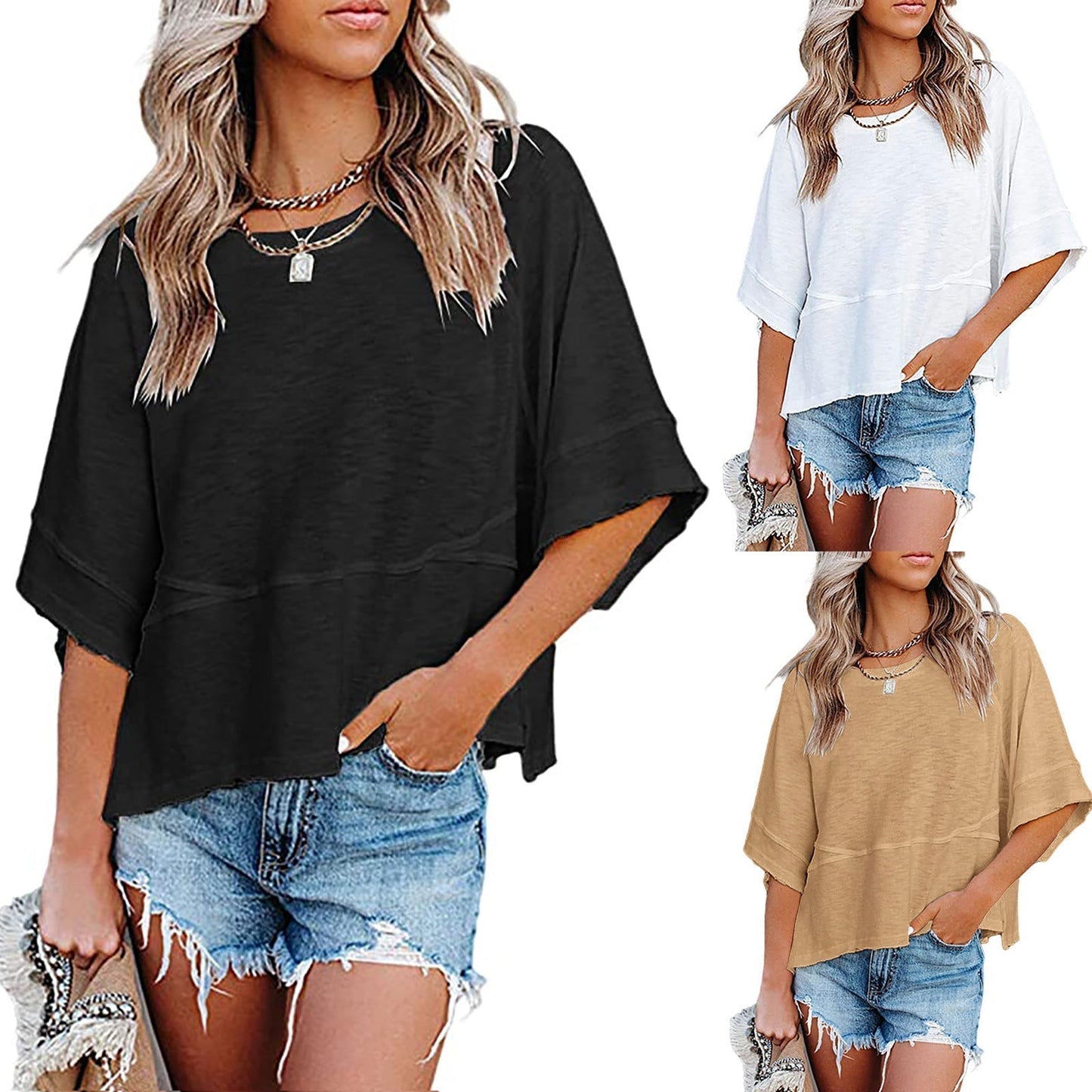 🌺 LIMITIERT: 49% RABATT! 🔥 Einfarbiges Patchwork-T-Shirt mit lockeren Fünf-Punkt-Trompetenärmeln