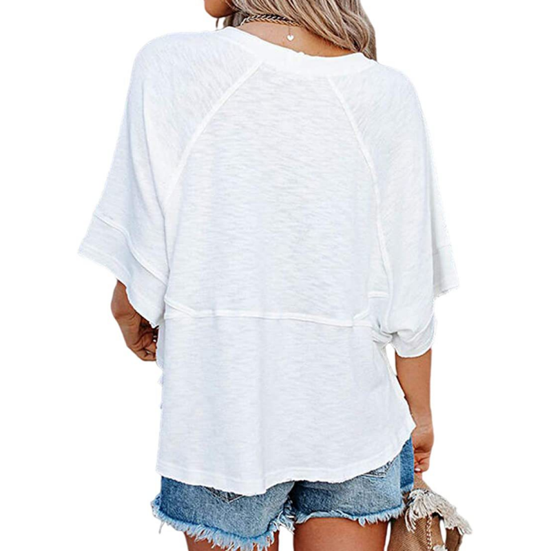 🌺 LIMITIERT: 49% RABATT! 🔥 Einfarbiges Patchwork-T-Shirt mit lockeren Fünf-Punkt-Trompetenärmeln