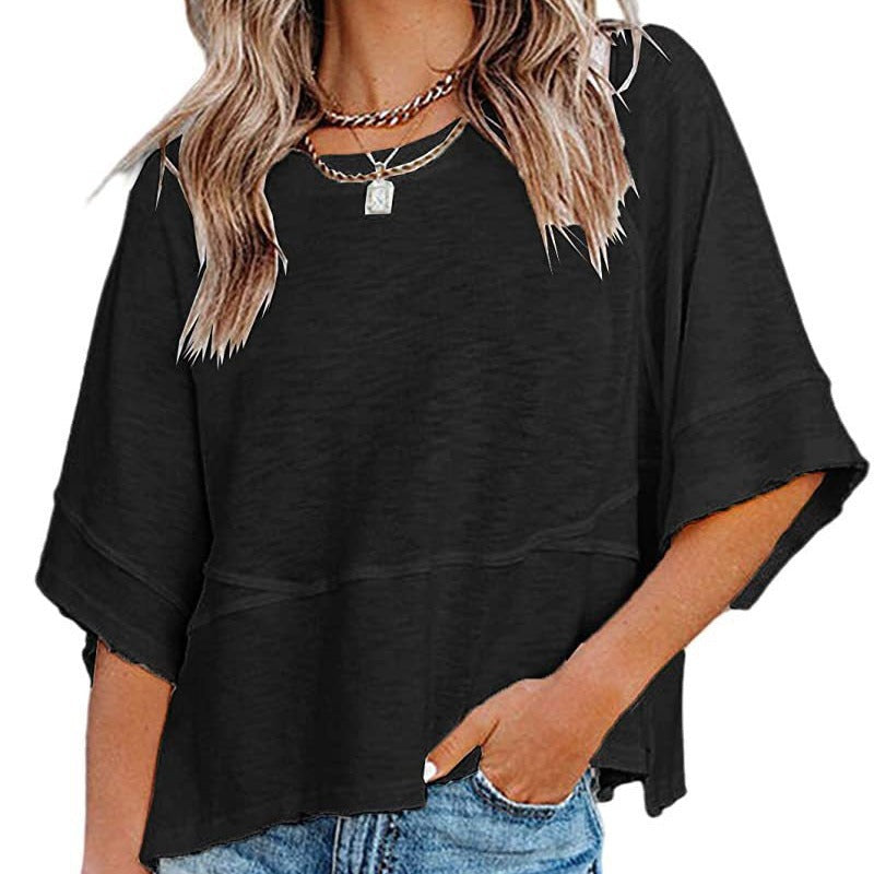 🌺 LIMITIERT: 49% RABATT! 🔥 Einfarbiges Patchwork-T-Shirt mit lockeren Fünf-Punkt-Trompetenärmeln
