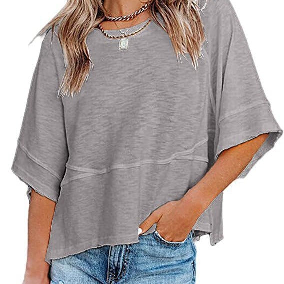 🌺 LIMITIERT: 49% RABATT! 🔥 Einfarbiges Patchwork-T-Shirt mit lockeren Fünf-Punkt-Trompetenärmeln