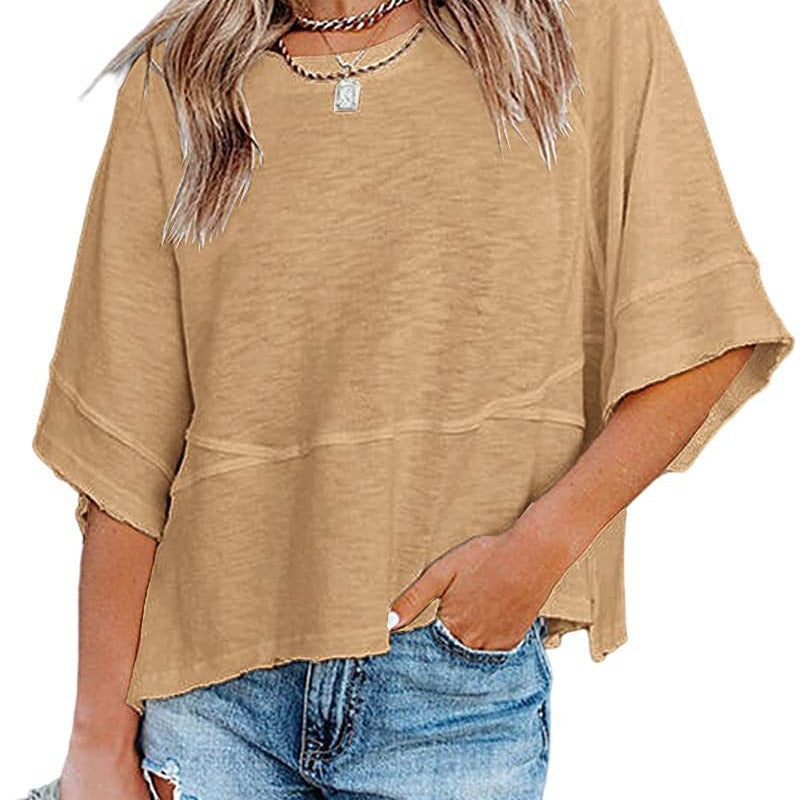 🌺 LIMITIERT: 49% RABATT! 🔥 Einfarbiges Patchwork-T-Shirt mit lockeren Fünf-Punkt-Trompetenärmeln