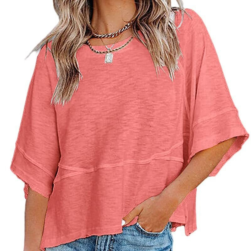 🌺 LIMITIERT: 49% RABATT! 🔥 Einfarbiges Patchwork-T-Shirt mit lockeren Fünf-Punkt-Trompetenärmeln