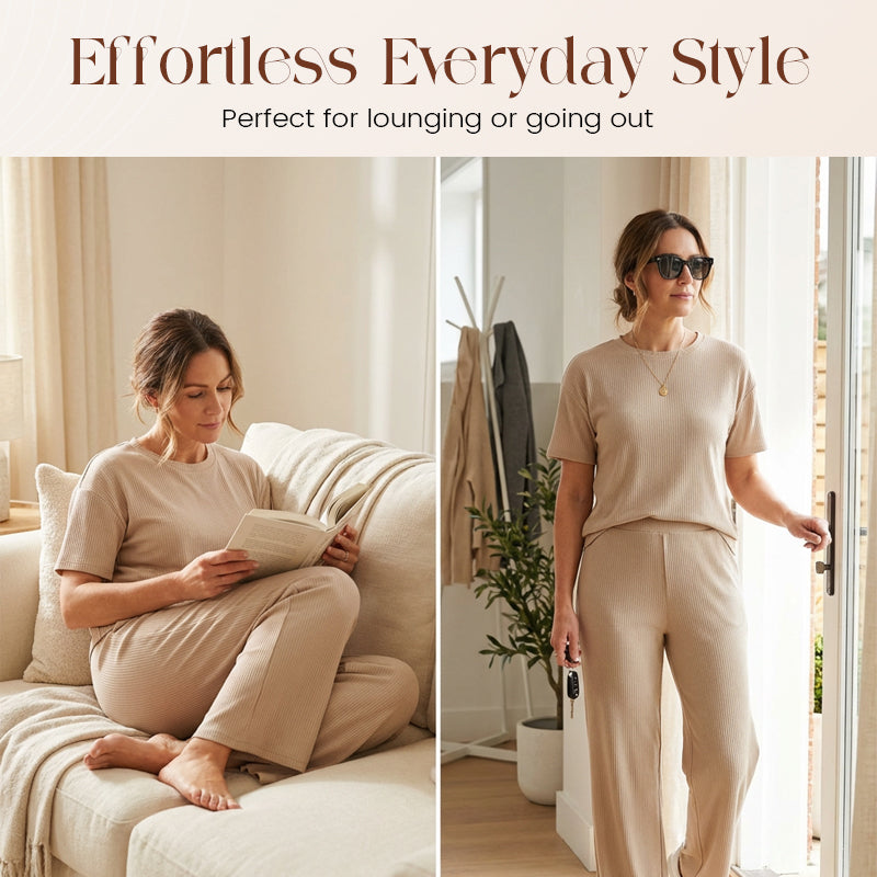 Gluschwein - Women's Ribbed Knit Top & Wide-Leg Pants Set