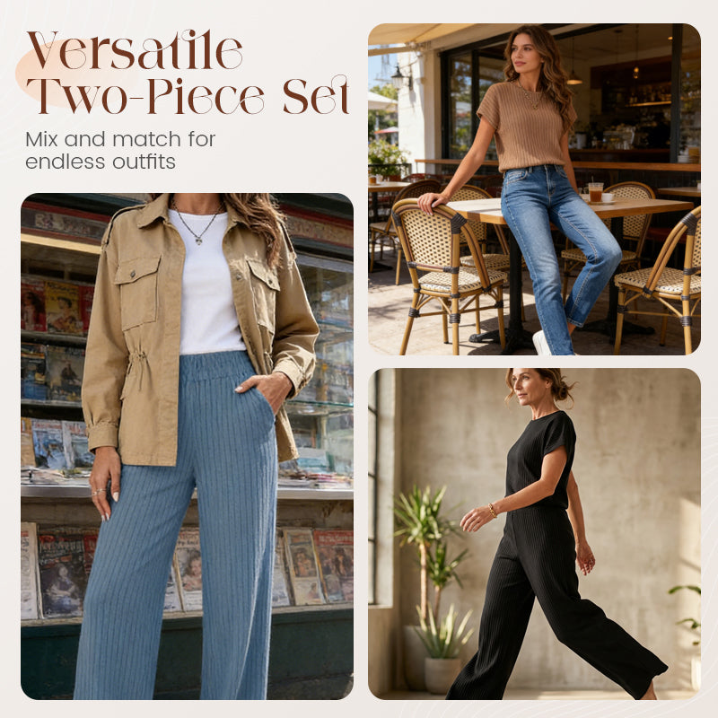 Gluschwein - Women's Ribbed Knit Top & Wide-Leg Pants Set