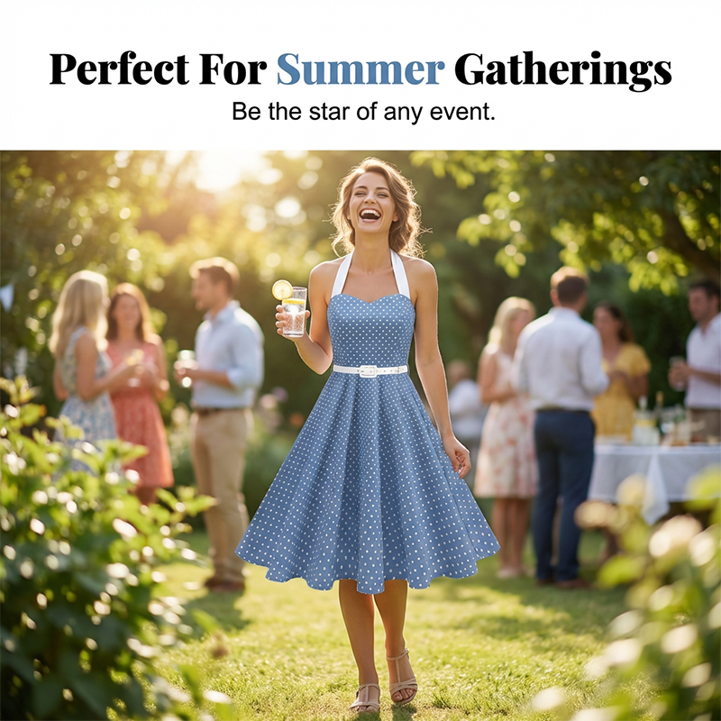Gluschwein - Women's Polka Dot Retro Halter Swing Dress