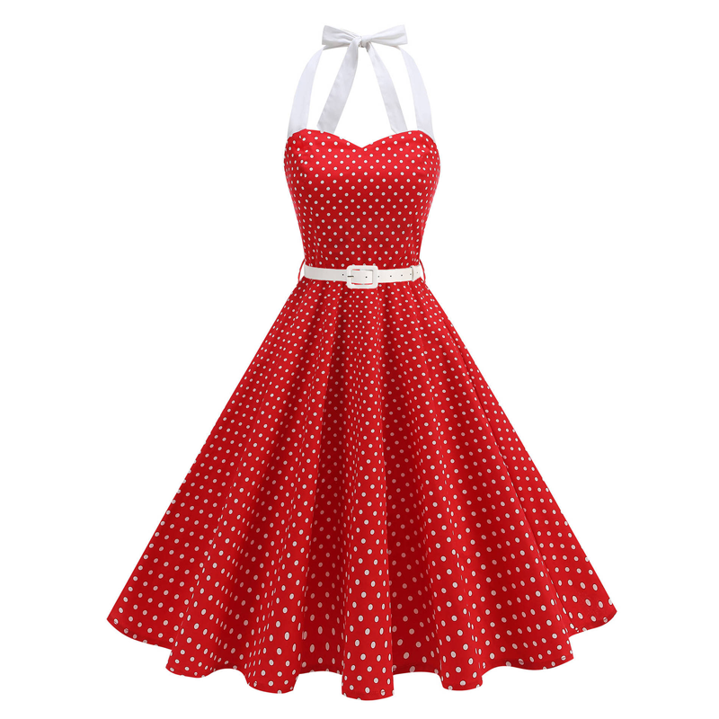 Gluschwein - Women's Polka Dot Retro Halter Swing Dress