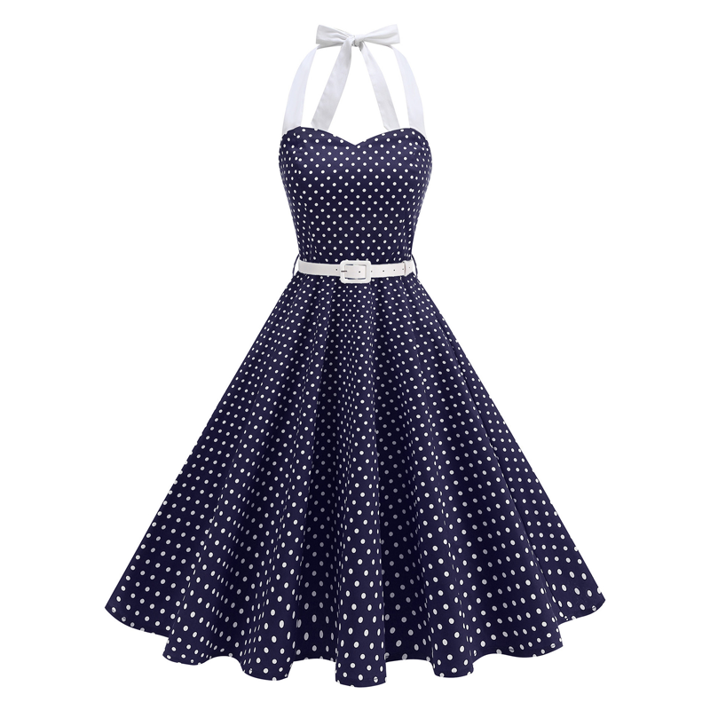 Gluschwein - Women's Polka Dot Retro Halter Swing Dress